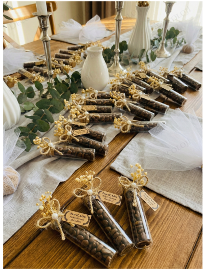 Nikah Şekeri - Jüt İp Süslemeli Cam Tüp & Kahve Çekirdeği Hediyelik