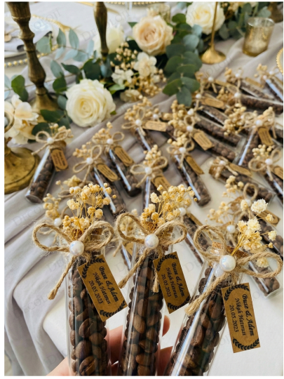 Nikah Şekeri - Jüt İp Süslemeli Cam Tüp & Kahve Çekirdeği Hediyelik