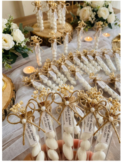 Nikah Şekeri - Jüt İp Süslemeli Cam Tüp & Şeker Hediyelik