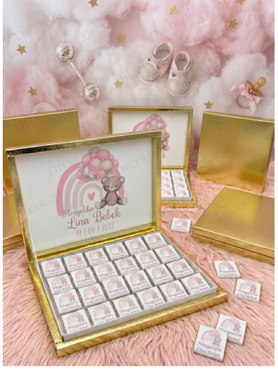 Bebek & Doğum - Ayıcık Temalı Hoş Geldin Bebek Çikolata Kutusu (Kız)