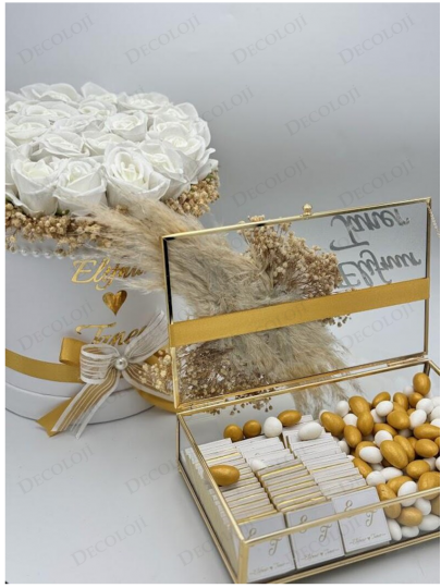 Kız İsteme - Beyaz Ambalaj Kaplama Kadife Beyaz Gül Kutusu & Çikolata Kutusu Kız İsteme Seti