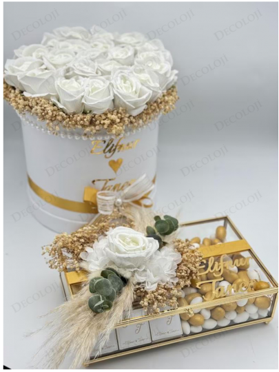 Kız İsteme - Beyaz Ambalaj Kaplama Kadife Beyaz Gül Kutusu & Çikolata Kutusu Kız İsteme Seti