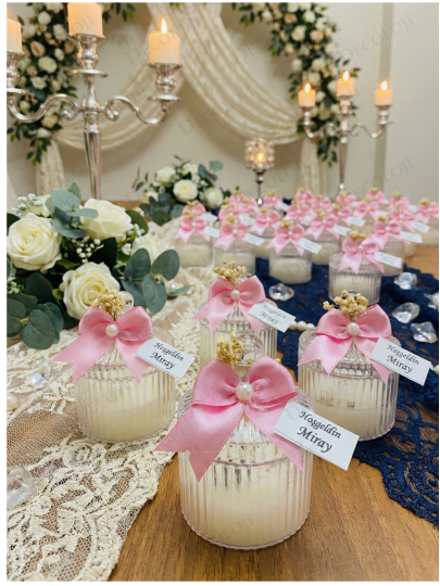 Bebek & Doğum - Pembe Kurdele Süslemeli Mika Kutu Mum Hoş Geldin Bebek Hediyelik