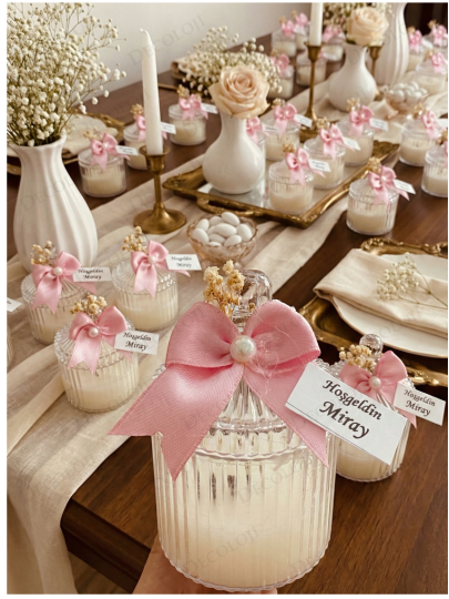 Bebek & Doğum - Pembe Kurdele Süslemeli Mika Kutu Mum Hoş Geldin Bebek Hediyelik