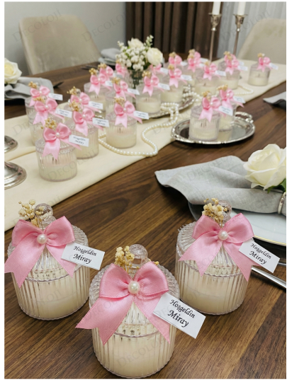 Bebek & Doğum - Pembe Kurdele Süslemeli Mika Kutu Mum Hoş Geldin Bebek Hediyelik