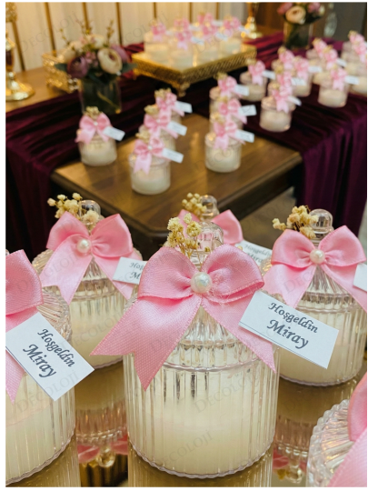 Bebek & Doğum - Pembe Kurdele Süslemeli Mika Kutu Mum Hoş Geldin Bebek Hediyelik