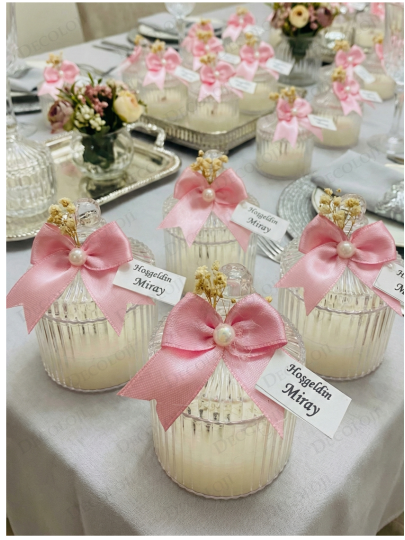 Bebek & Doğum - Pembe Kurdele Süslemeli Mika Kutu Mum Hoş Geldin Bebek Hediyelik