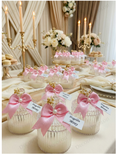 Bebek & Doğum - Pembe Kurdele Süslemeli Mika Kutu Mum Hoş Geldin Bebek Hediyelik