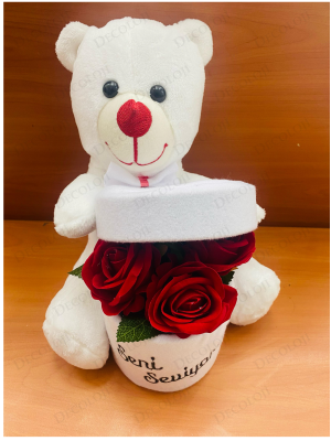 Ayıcık ve Kırmızı Gül Konseptli Beyaz Seni Seviyorum Kutusu
