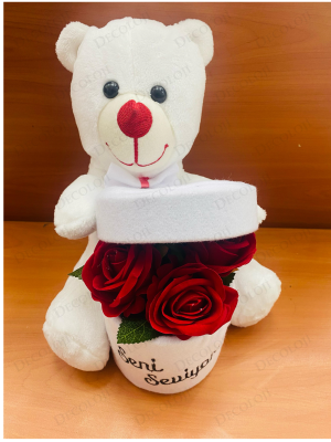 Ayıcık ve Kırmızı Gül Konseptli Beyaz Seni Seviyorum Kutusu