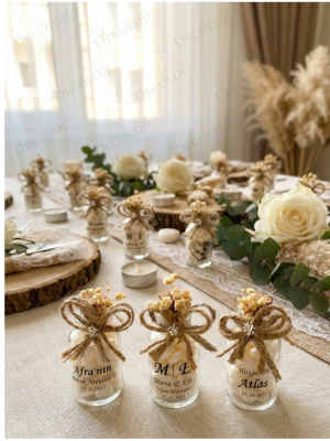 Jüt İp Süslemeli Şeffaf Etiketli Cam Şişe & Beyaz Kalp Şeker Hediyelik