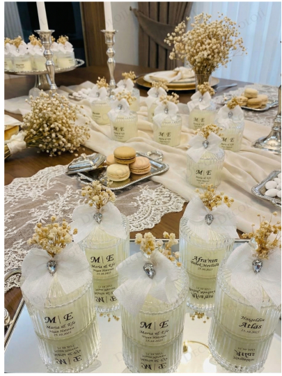 Nikah Şekeri - Nopeli Kurdele Süslemeli Şeffaf Etiketli Mika Kutu Mum Hediyelik