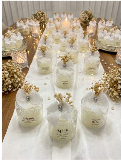 Nikah Şekeri - Nopeli Kurdele Süslemeli Şeffaf Etiketli Mika Kutu Mum Hediyelik