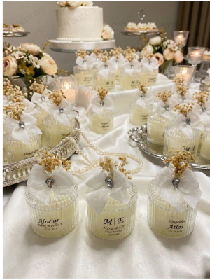 Nopeli Kurdele Süslemeli Şeffaf Etiketli Mika Kutu Mum Hediyelik