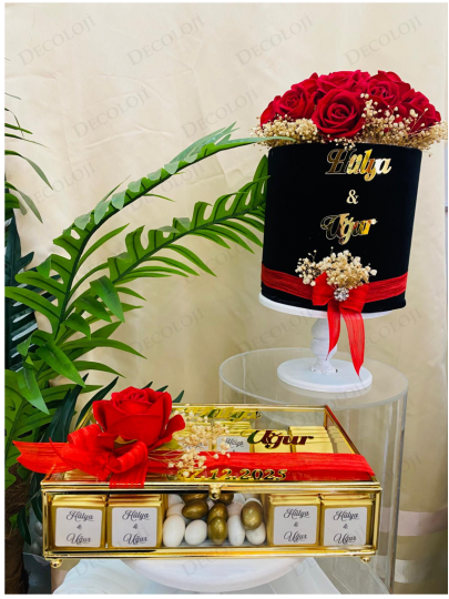 Kız İsteme - ﻿Siyah Ambalaj Kaplama Kadife Kırmızı Gül Kutusu & Çikolata Kutusu Kız İsteme Seti