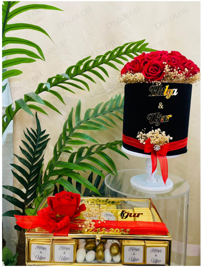 Kız İsteme - ﻿Siyah Ambalaj Kaplama Kadife Kırmızı Gül Kutusu & Çikolata Kutusu Kız İsteme Seti