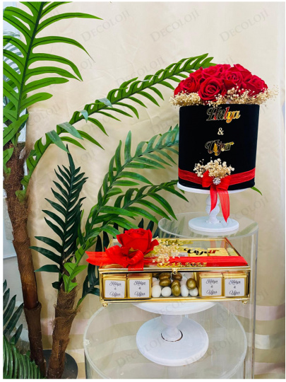 Kız İsteme - ﻿Siyah Ambalaj Kaplama Kadife Kırmızı Gül Kutusu & Çikolata Kutusu Kız İsteme Seti