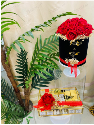 Siyah Ambalaj Kaplama Kadife Kırmızı Gül Kutusu & Çikolata Kutusu Kız İsteme Seti