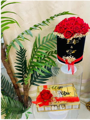 Siyah Ambalaj Kaplama Kadife Kırmızı Gül Kutusu & Çikolata Kutusu Kız İsteme Seti