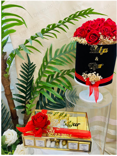 Kız İsteme - ﻿Siyah Ambalaj Kaplama Kadife Kırmızı Gül Kutusu & Çikolata Kutusu Kız İsteme Seti