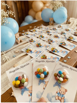 Ayıcık Temalı Kart & Balonlu Bonibon Şekeri Hoşgeldin Erkek Bebek Hediyelik