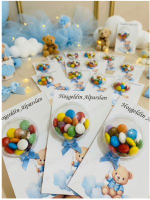 Ayıcık Temalı Kart & Balonlu Bonibon Şekeri Hoşgeldin Erkek Bebek Hediyelik