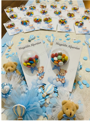 Ayıcık Temalı Kart & Balonlu Bonibon Şekeri Hoşgeldin Erkek Bebek Hediyelik