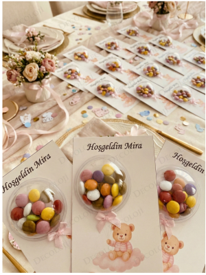 Ayıcık Temalı Kart & Balonlu Bonibon Şekeri Hoşgeldin Kız Bebek Hediyelik