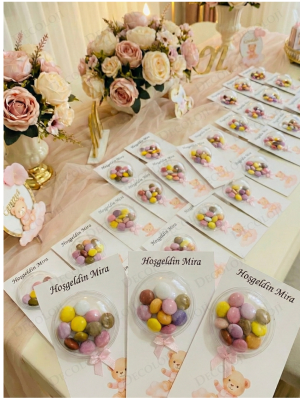 Ayıcık Temalı Kart & Balonlu Bonibon Şekeri Hoşgeldin Kız Bebek Hediyelik