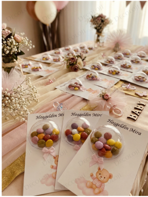 Ayıcık Temalı Kart & Balonlu Bonibon Şekeri Hoşgeldin Kız Bebek Hediyelik