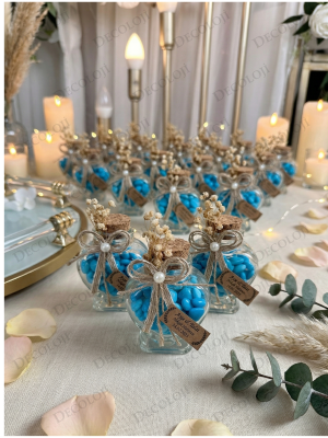 Jüt İp Süslemeli Kalp Şekilli Cam Kavanoz & Mavi Kalp Şeker Hediyelik