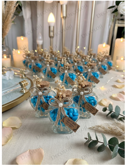 Nikah Şekeri - Jüt İp Süslemeli Kalp Şekilli Cam Kavanoz & Mavi Kalp Şeker Hediyelik