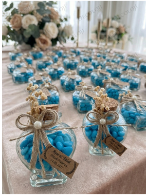 Jüt İp Süslemeli Kalp Şekilli Cam Kavanoz & Mavi Kalp Şeker Hediyelik