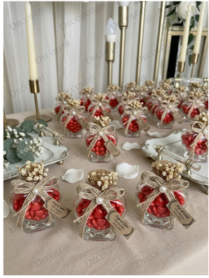 Jüt İp Süslemeli Kalp Şekilli Cam Kavanoz & Kırmızı Kalp Şeker Hediyelik