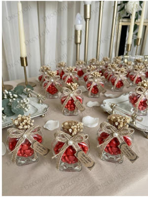 Jüt İp Süslemeli Kalp Şekilli Cam Kavanoz & Kırmızı Kalp Şeker Hediyelik