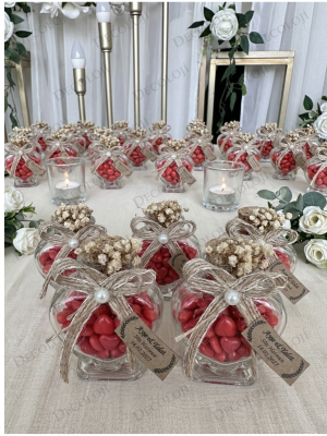 Jüt İp Süslemeli Kalp Şekilli Cam Kavanoz & Kırmızı Kalp Şeker Hediyelik