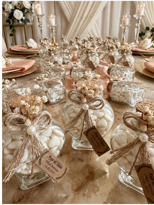 Jüt İp Süslemeli Kalp Şekilli Cam Kavanoz & Beyaz Kalp Şeker Hediyelik