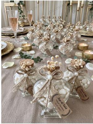 Jüt İp Süslemeli Kalp Şekilli Cam Kavanoz & Beyaz Kalp Şeker Hediyelik