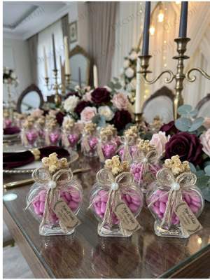 Jüt İp Süslemeli Kalp Şekilli Cam Kavanoz & Pembe Kalp Şeker Hediyelik