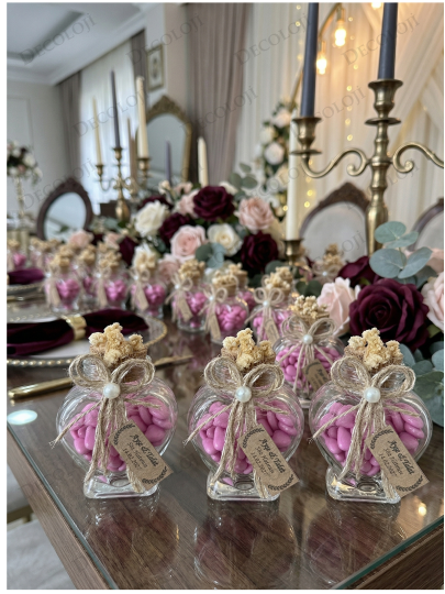 Nikah Şekeri - Jüt İp Süslemeli Kalp Şekilli Cam Kavanoz & Pembe Kalp Şeker Hediyelik