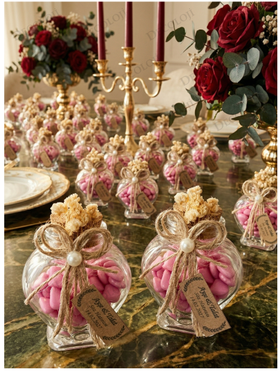 Nikah Şekeri - Jüt İp Süslemeli Kalp Şekilli Cam Kavanoz & Pembe Kalp Şeker Hediyelik