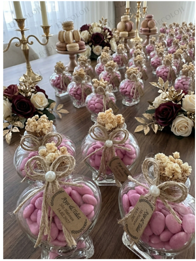 Nikah Şekeri - Jüt İp Süslemeli Kalp Şekilli Cam Kavanoz & Pembe Kalp Şeker Hediyelik