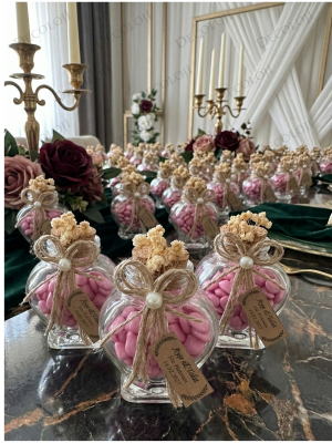 Jüt İp Süslemeli Kalp Şekilli Cam Kavanoz & Pembe Kalp Şeker Hediyelik