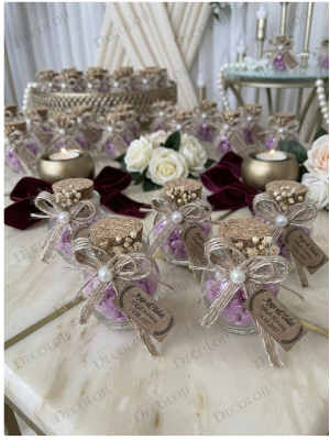 Jüt İp Süslemeli Alyans Baskılı Cam Kavanoz & Pembe Kalp Şeker Hediyelik