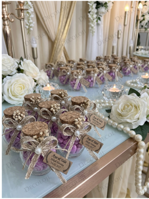 Jüt İp Süslemeli Alyans Baskılı Cam Kavanoz & Pembe Kalp Şeker Hediyelik