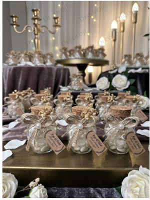 Jüt İp Süslemeli Alyans Baskılı Cam Kavanoz & Beyaz Kalp Şeker Hediyelik