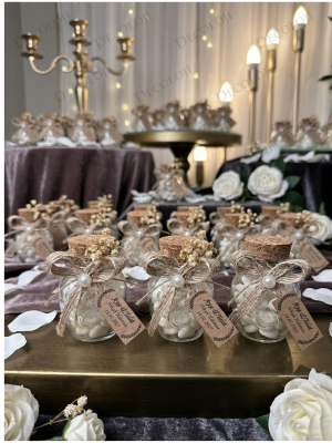 Jüt İp Süslemeli Alyans Baskılı Cam Kavanoz & Beyaz Kalp Şeker Hediyelik