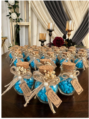 Jüt İp Süslemeli Alyans Baskılı Cam Kavanoz & Mavi Kalp Şeker Hediyelik