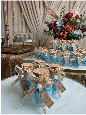 Jüt İp Süslemeli Alyans Baskılı Cam Kavanoz & Mavi Kalp Şeker Hediyelik