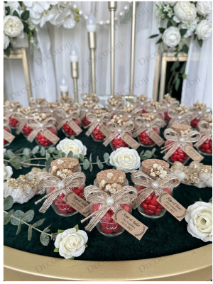 Jüt İp Süslemeli Alyans Baskılı Cam Kavanoz & Kırmızı Kalp Şeker Hediyelik